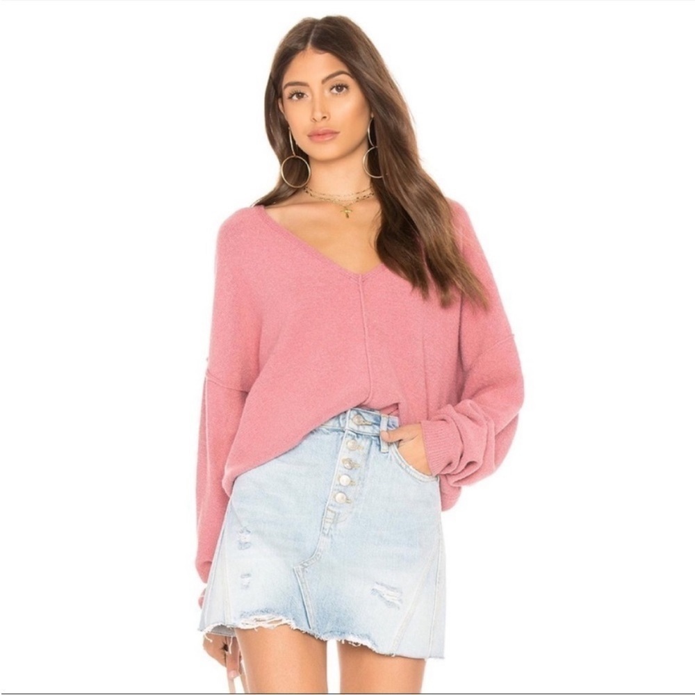 Free People Take Me Places Pink Oversized V-Neck Sweater Extra Small